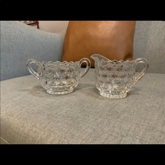 Fostoria glass vintage cubist patterned cream and sugar set - Picture 2 of 3
